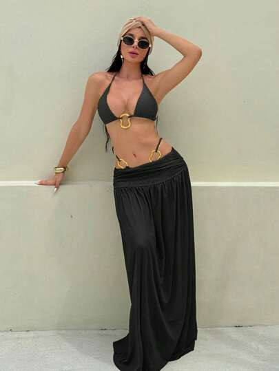 Swim Vcay 3 Piece Spring Break New Shiny Fabric Solid Color Halter Triangle Sexy Elegant Holiday ... | SHEIN