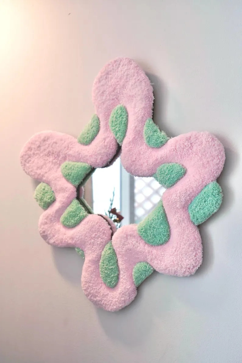 Tufted Floral Wall Mirror Pink Mint – Handmade Fiber Art Mirror Decor for Modern Home - Etsy | Etsy (US)