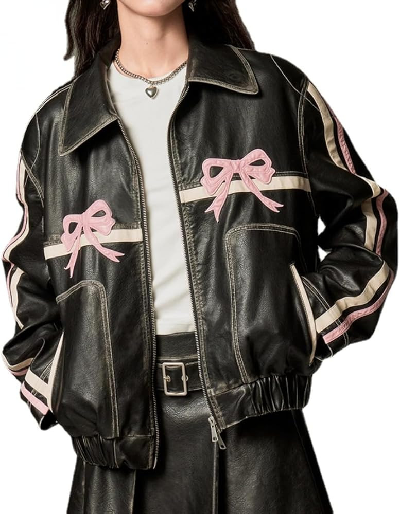 YELLOOP Bow Jacket Leather Bomber Jacket Faux Leather Jacket Women Vintage Leather Jacket Y2k | Amazon (US)