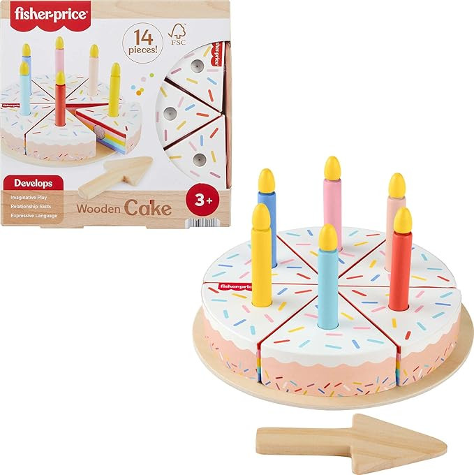 Fisher-Price Wood Pretend Play Toy Cake Set, 14-Piece Wooden Food Decorating & Serving Play for P... | Amazon (US)