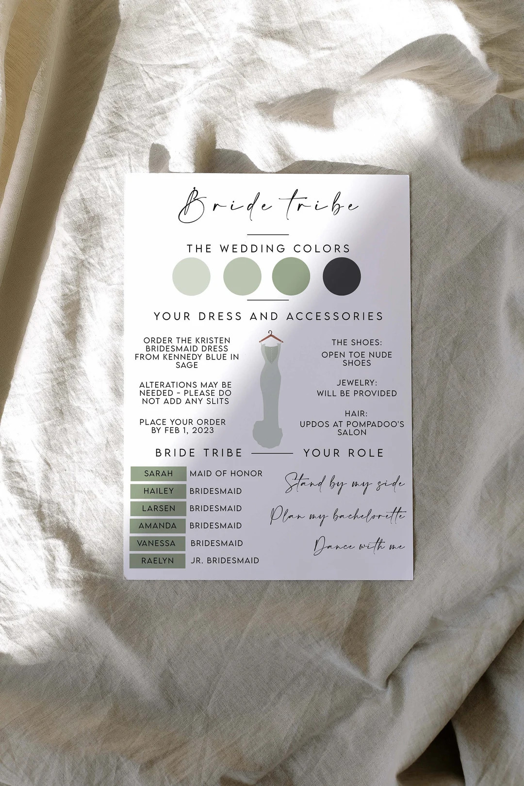 Sage Green, Editable Bridesmaid Info Card Template, Bridal Party Info Card, Bridesmaid Informatio... | Etsy (US)