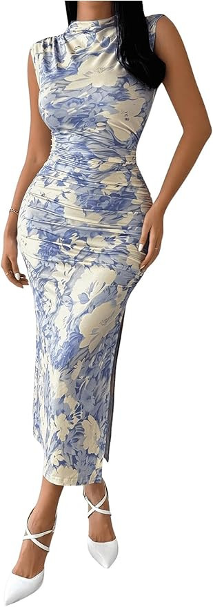 Milumia Women's Ruched Floral Sleeveless Bodycon Midi Dress Mock Neck Slit Thigh Dresses | Amazon (US)
