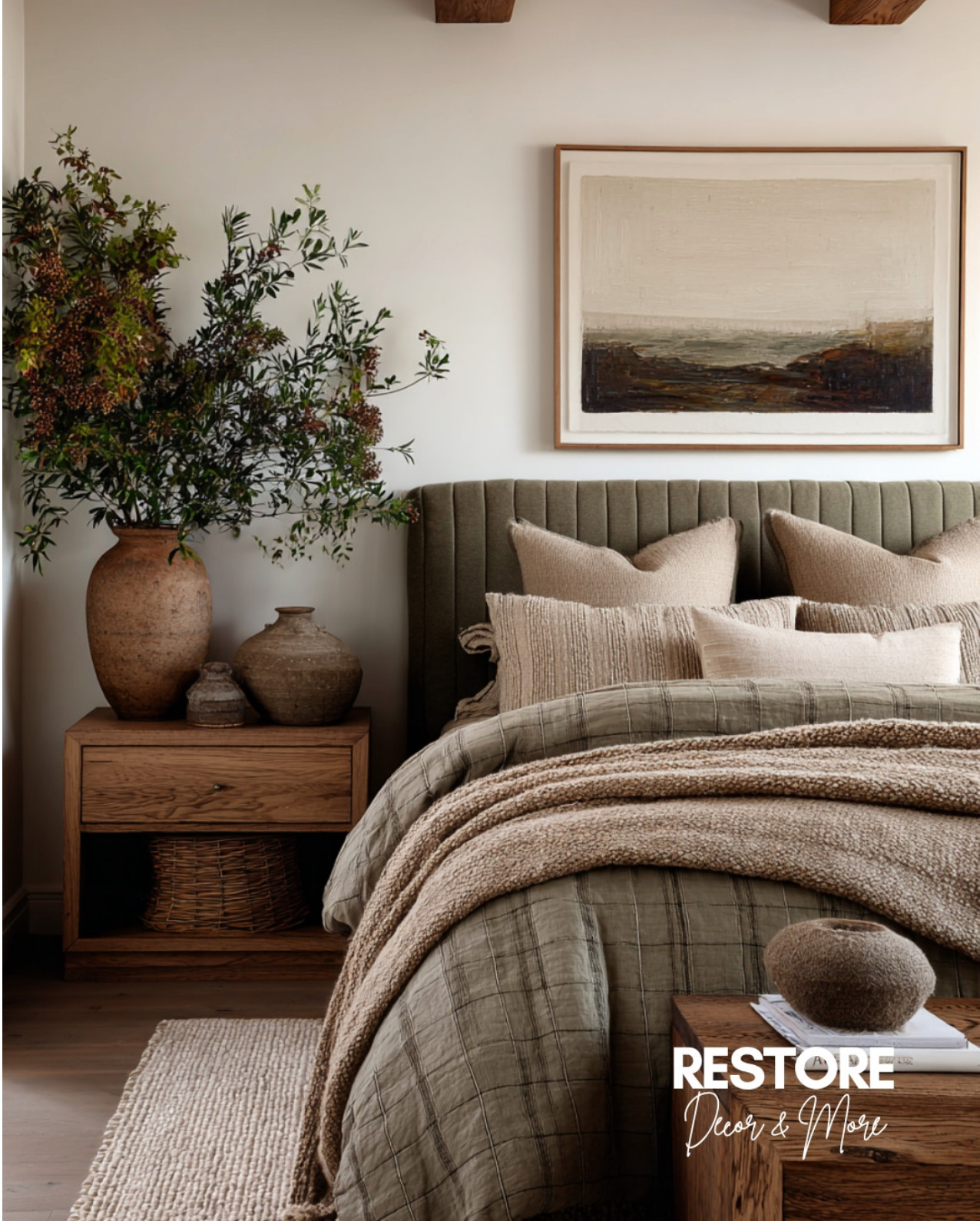 This neutral + olive green combo is everything 🍂 From the textured bedding to the ceramic vases and warm wood tones, every detail adds to the cozy organic vibe. Tap to recreate this restful retreat in your own home 🌿🛏️ 

 #earthybedroom #neutralbedroomdecor #organicmodern #bedroomstyling #cozyhome #ltkhome #bedroominspo #LTKHome #LTKFindsUnder50 #LTKFindsUnder100
