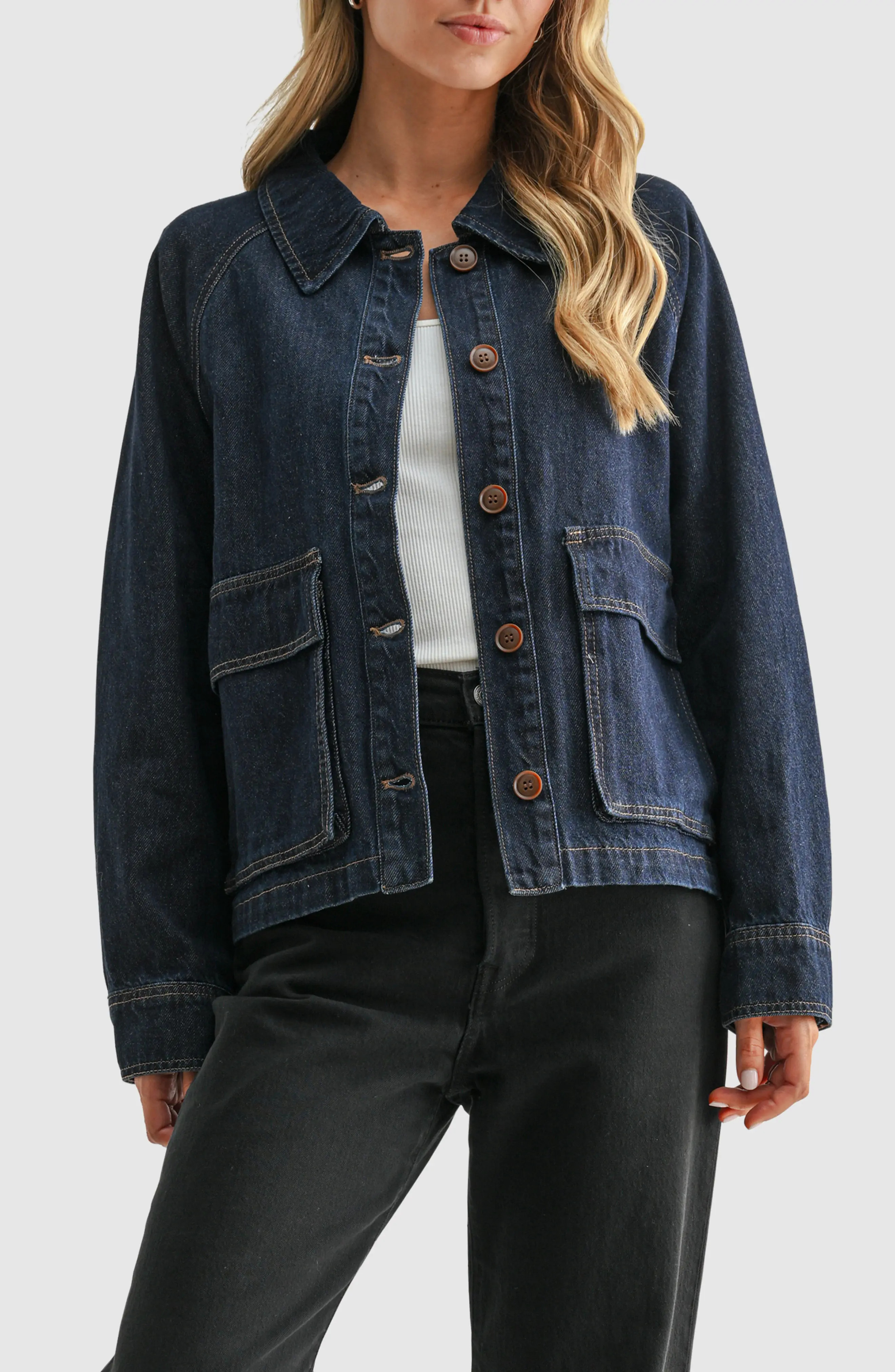 All in Favor Pocket Detail Denim Jacket in Dark Denim at Nordstrom, Size Large | Nordstrom