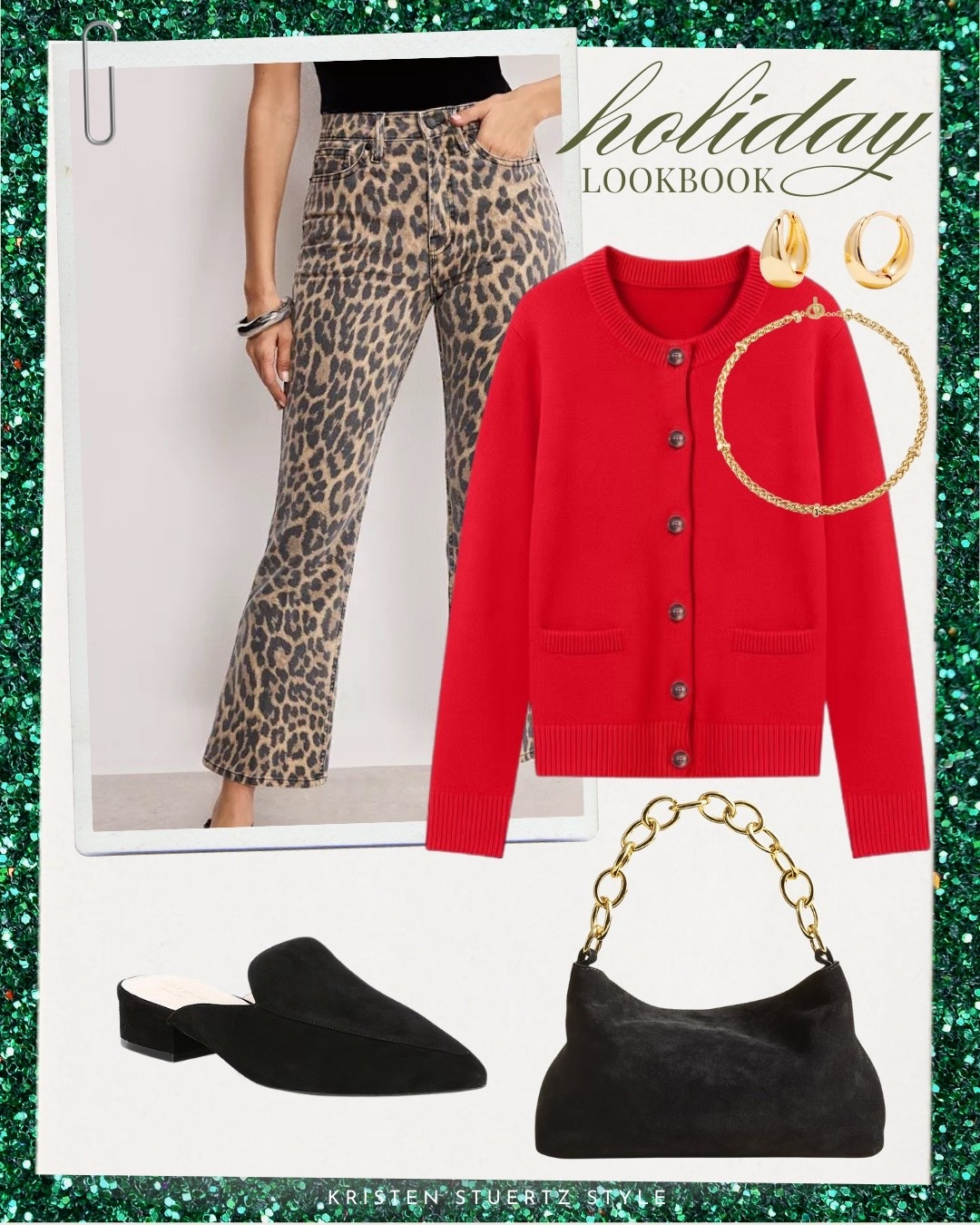 Holiday lookbook: animal print cropped pants, a red cardigan, black mules, and black chain-handle purse.

#holuday outfits #red cardigan #christmas outfits #casual outfits #black purse #black shoes #flats 

#LTKootd #LTKHoliday