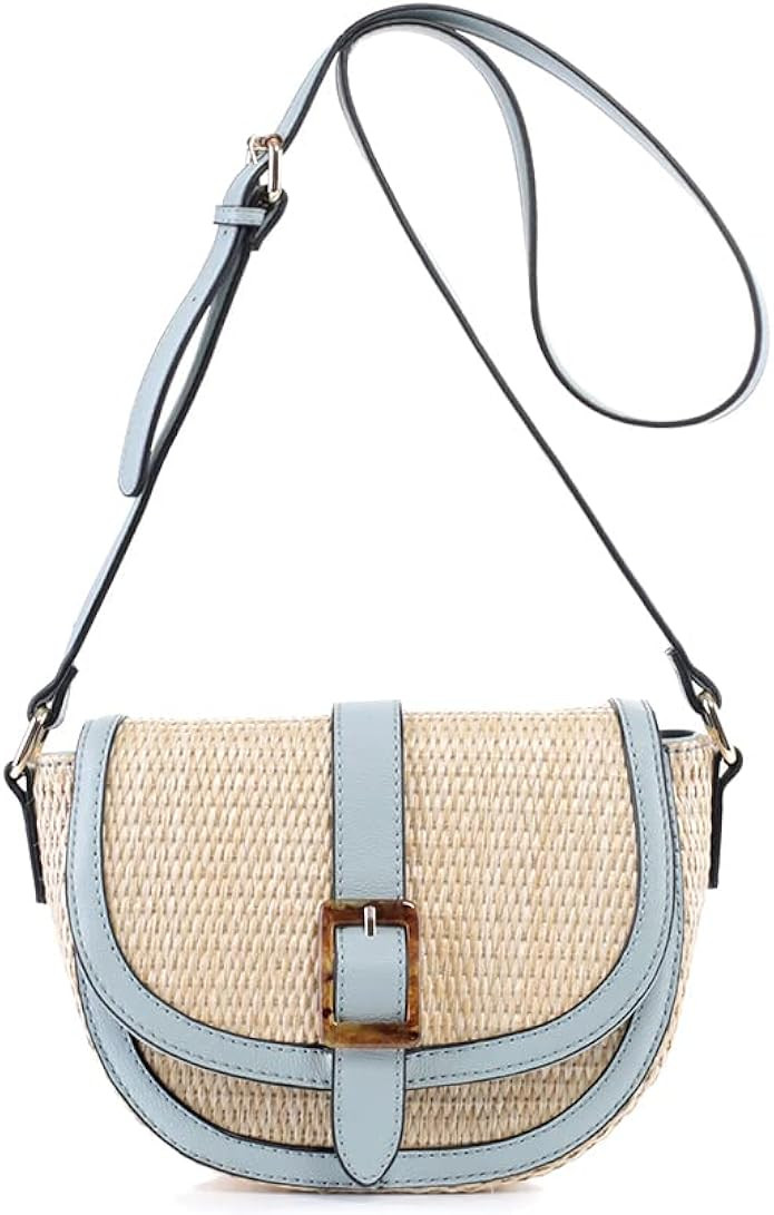 Trendeology Womens Classy Straw Rattan Vegan Leather Flap Saddle Satchel Flap Crossbody Purse Bag | Amazon (US)
