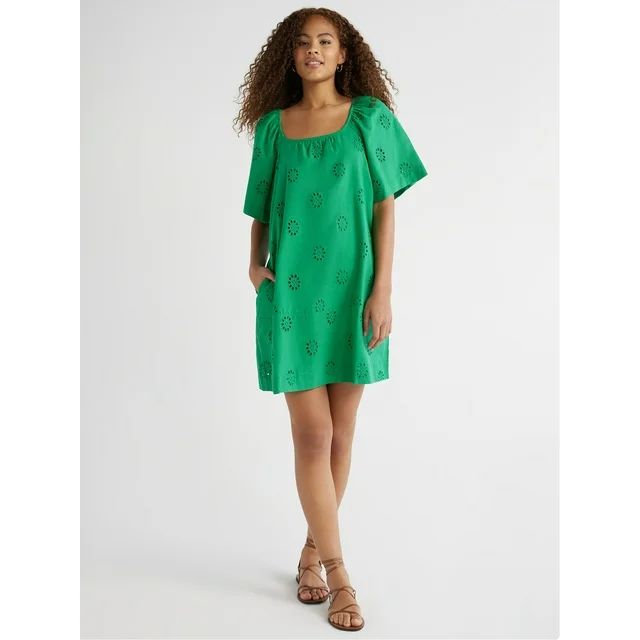 Free Assembly Women's Square Neck Eyelet Mini Dress with Short Sleeves, Sizes XS-XXL | Walmart (US)