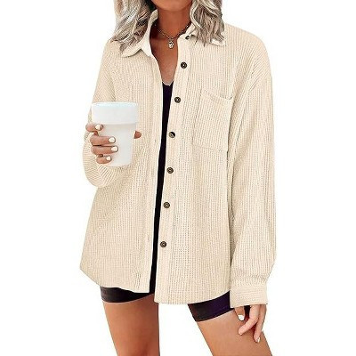 Zeagoo Waffle Button Down Shirts for Women Dressy Casual Work Shacket V Neck Long Sleeve Lightweight Tops with Pocket-Cream color-M | Target