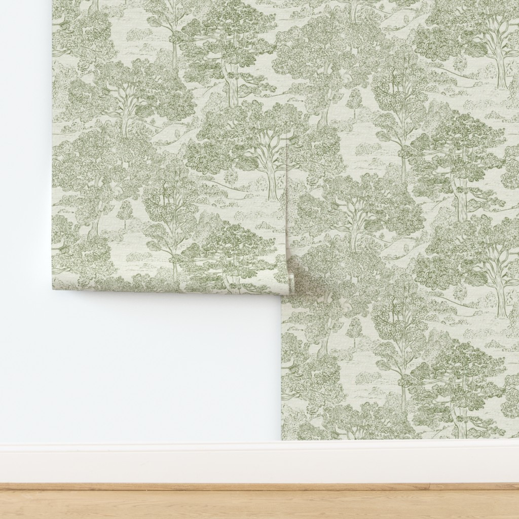 Trees Toile de jouy Green on off white Wallpaper | Spoonflower | Spoonflower