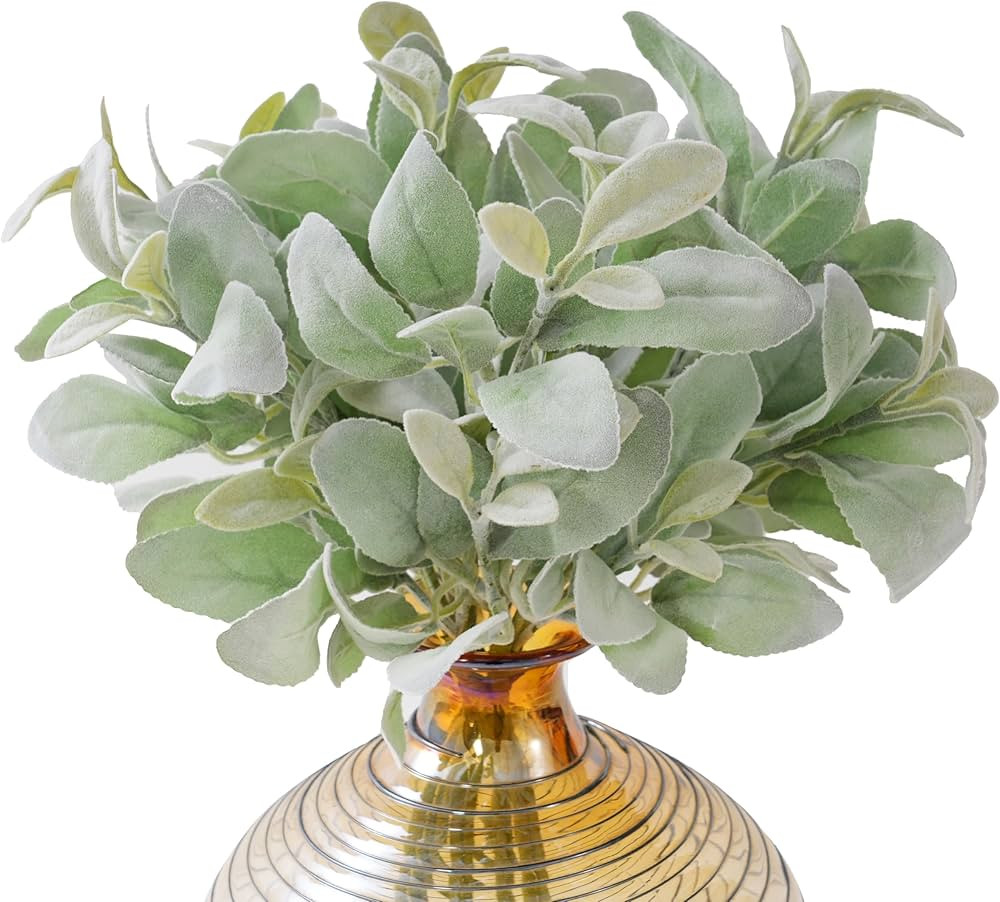 Artificial Lambs Ear Greenery Stems Fake Dusty Miller Stems Flocked Oak Leaves Picks Faux Greenery Flocking Lambs Ear Leaf Bulk Spray for Home Wedding DIY Flower Arrangements | Amazon (US)
