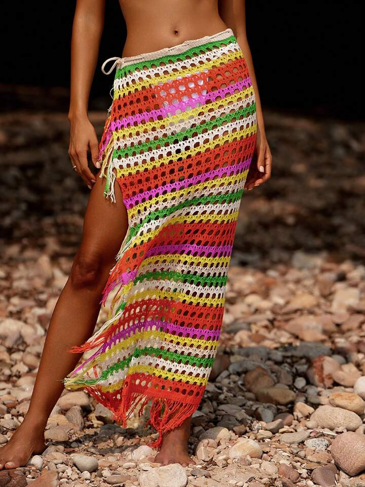 SHEIN Swim Summer Beach Women Striped Vacation Style Long Cover-Up With Side-Tie Detail And Tasse... | SHEIN