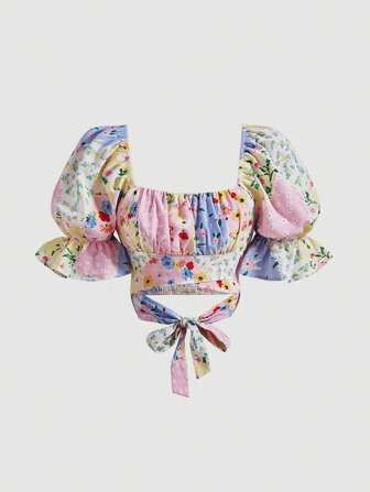 SHEIN MOD Floral Print Flounce Sleeve Crop Blouse | SHEIN