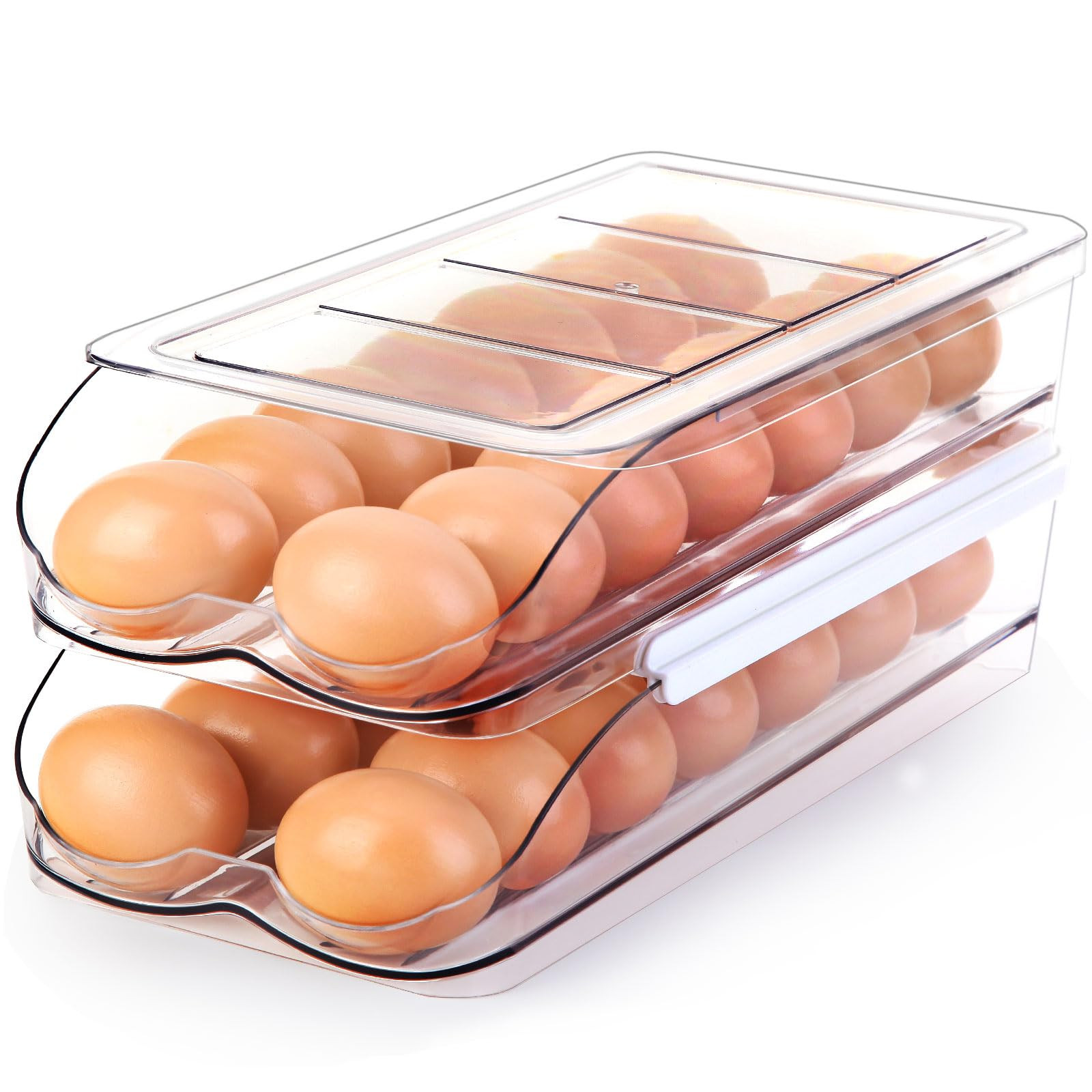 Egg Holder for Fridge, Automatic Rolling Egg Container for Refrigerator, Stackable Fridge Organizers and Storage with Lid, Clear Plastic Egg Dispenser & Tray (2 Tier) | Amazon (US)