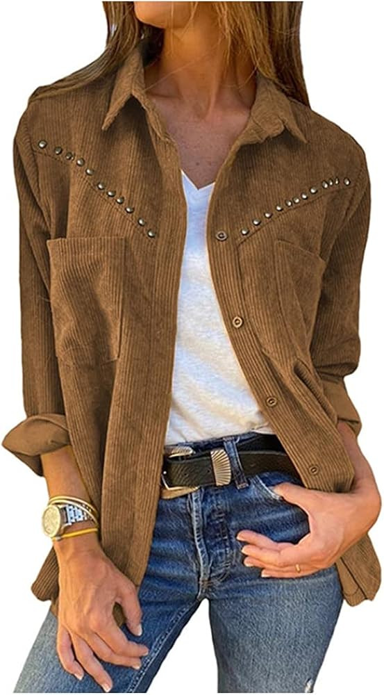 LifeShe Women's Corduroy Long Sleeve Button Down Shirt Shacket Oversized Jacket Tops | Amazon (US)