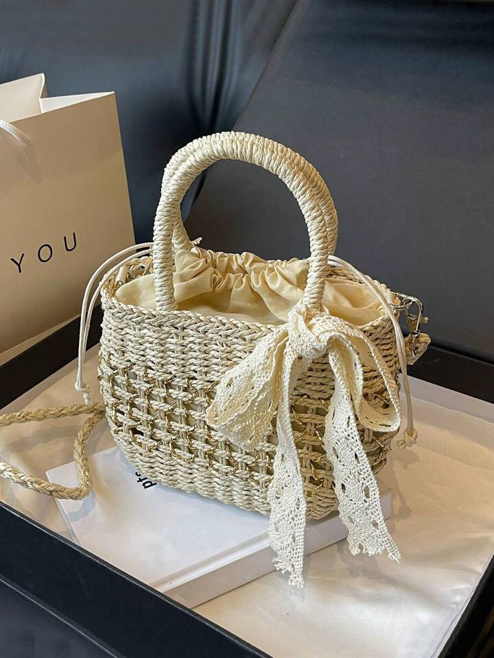 Pastorale Honey Girl Flower Basket Design  Woven  Bag Mini Handbag, Hollow Out  Woven Drawstring ... | SHEIN