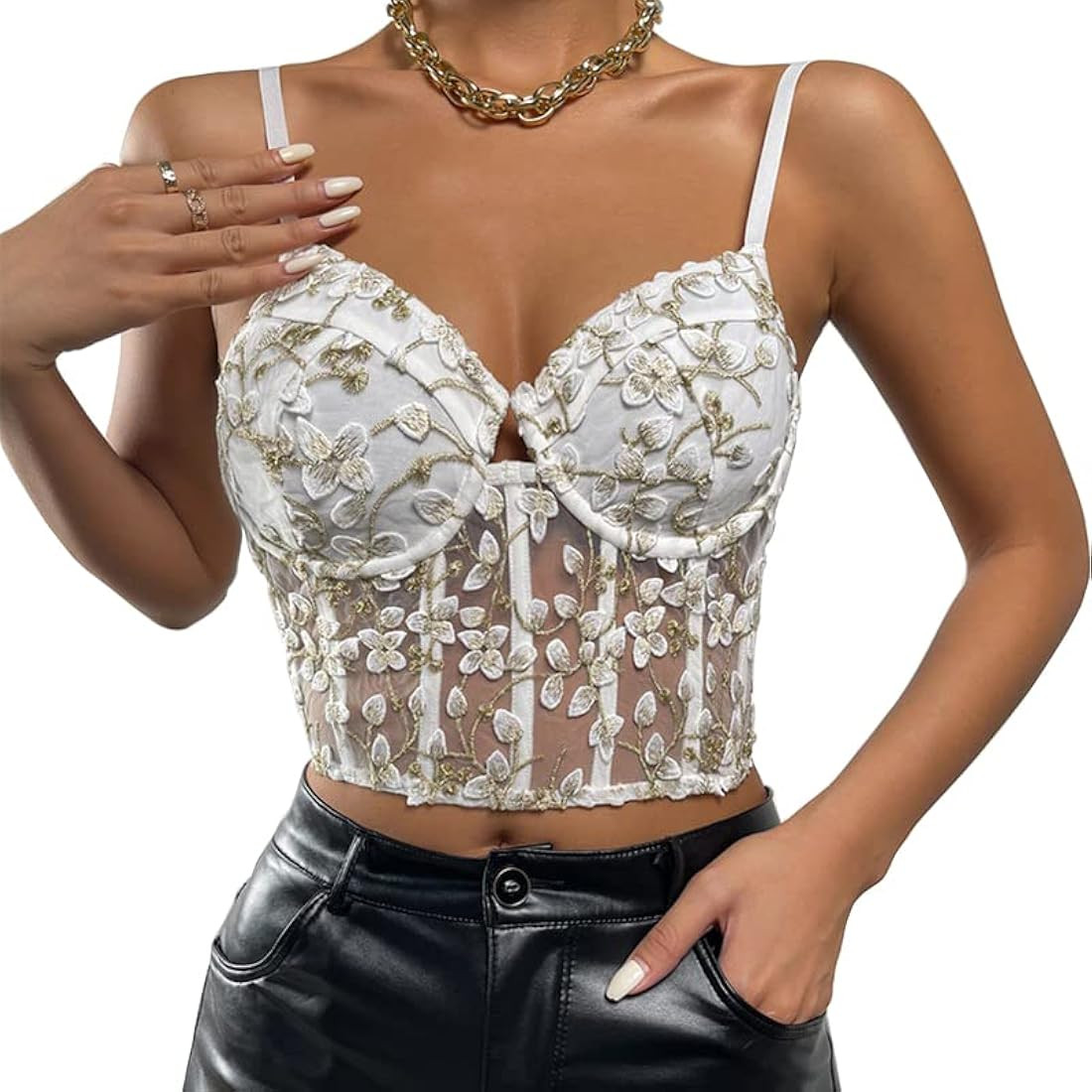 Women's Floral Lace Cami Crop Top Spaghetti Strap Sheer Mesh Corset Bustier Tops Bralette | Amazon (US)