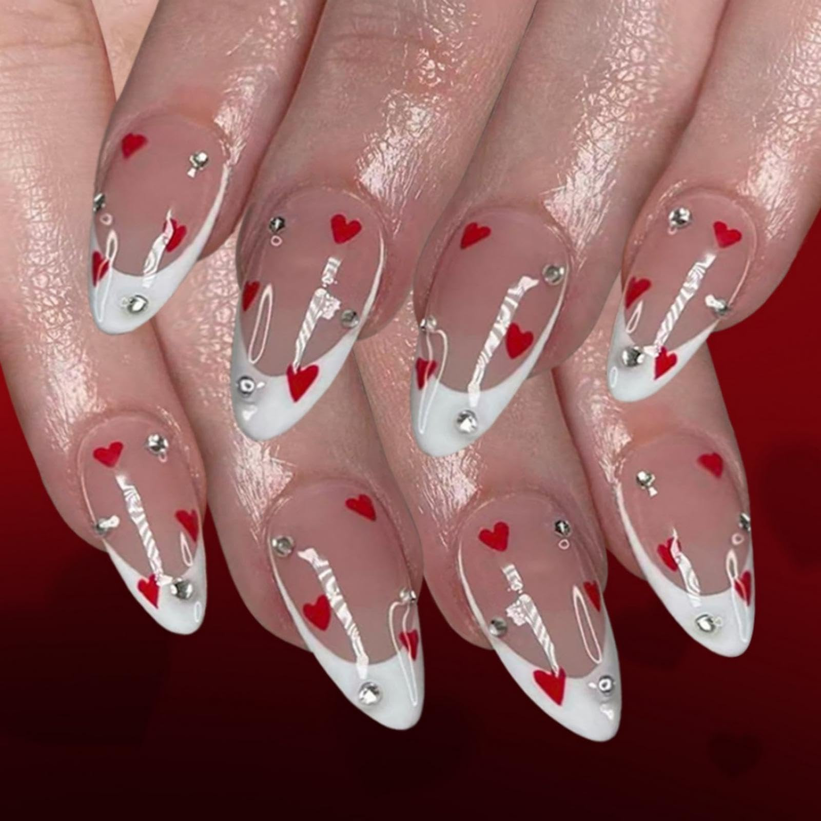 Valentine Press on Nails Medium Almond Fake Nails with Red Hearts Love Design Glossy White French... | Amazon (US)