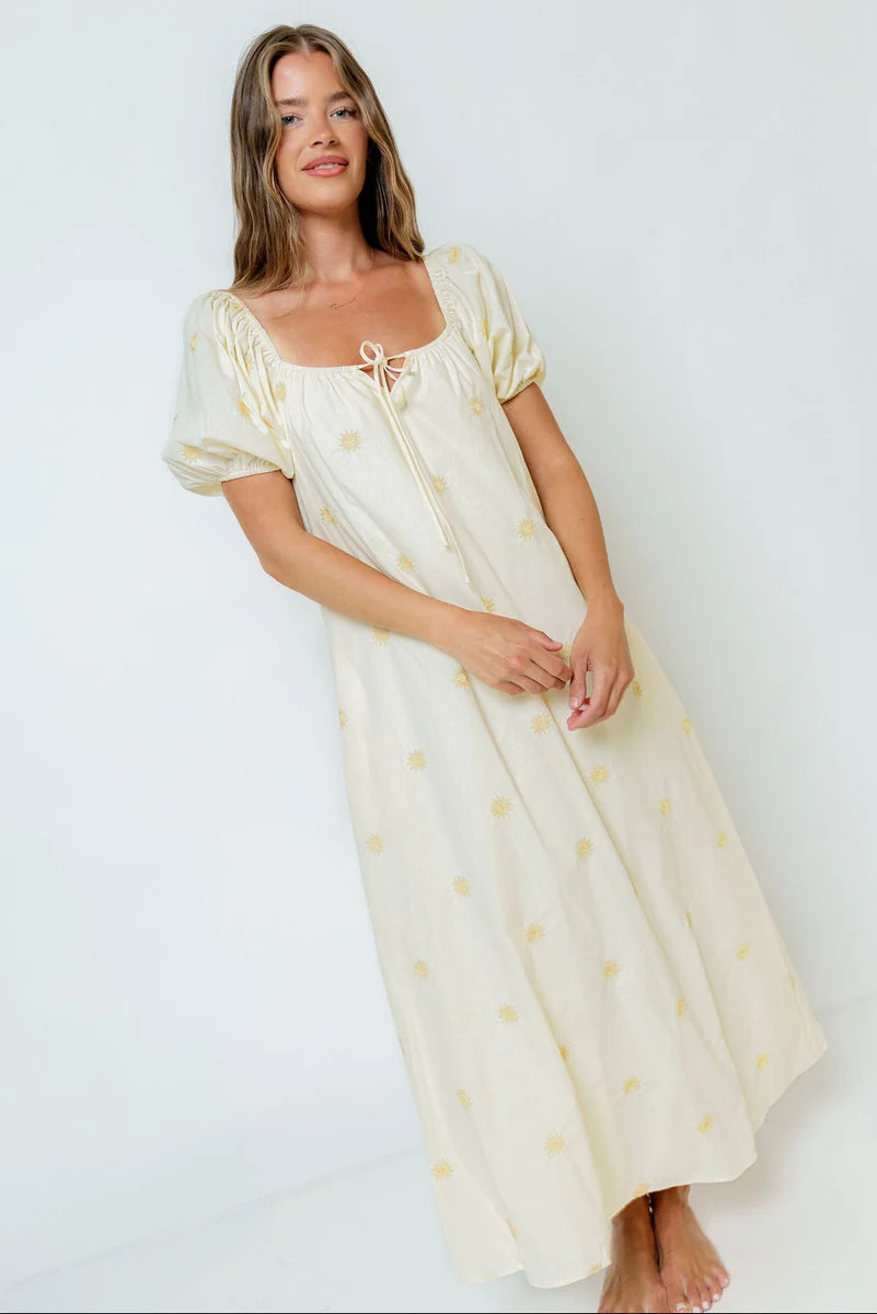 Dolores Sun Embroidered Maxi Dress in Light Yellow | Worth Collective