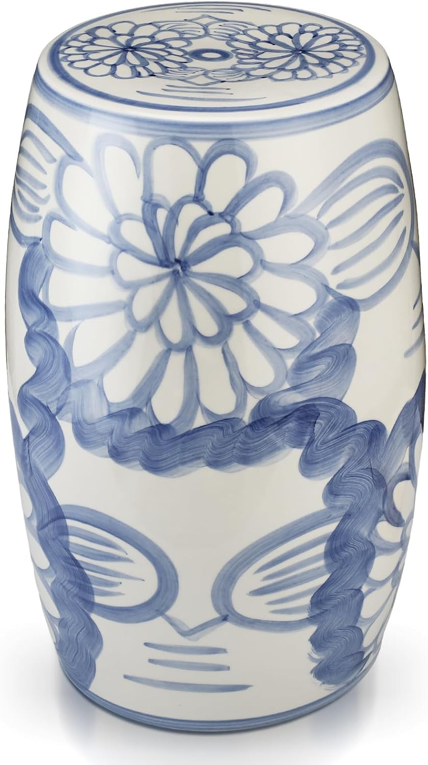 Novabright 17" Ceramic Garden Stool Blue and White Gardening Stool Decorative Chinoiserie Ceramic Drum Seat Castle Gardens Collection Chinese Small Table Bohemian for Indoor Outdoor Patio Living Room | Amazon (US)