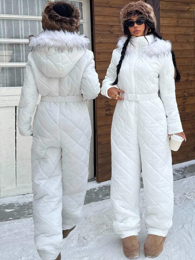 Muchica White Fuzzy Hat & Thick Jumpsuit For Women, Suitable For Playing In Snow In Autumn/Winter | SHEIN