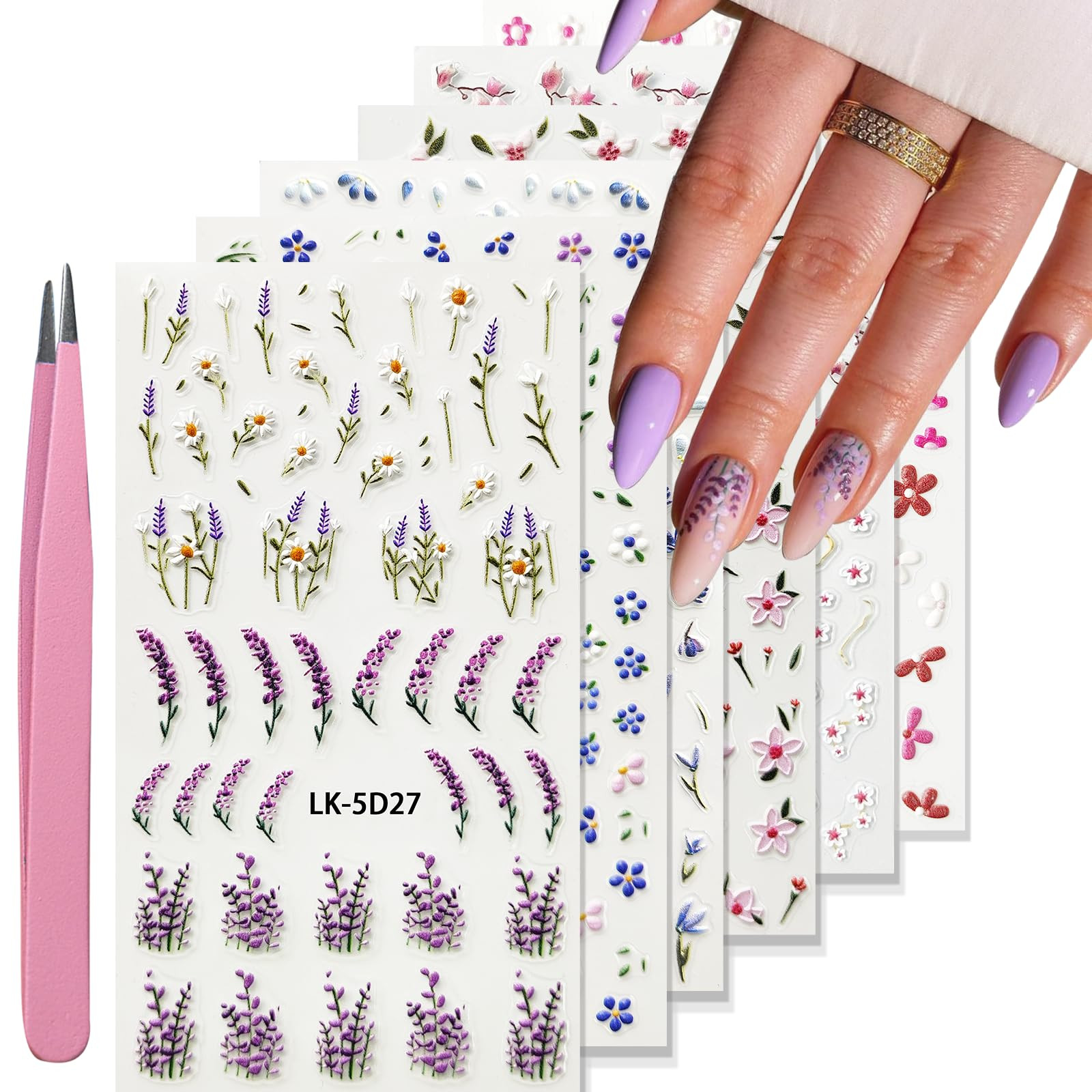 Flower Nail Stickers for Nail Art 5D Embossed Nail Decals Self Adhesive Spring Summer Lavender Na... | Amazon (US)