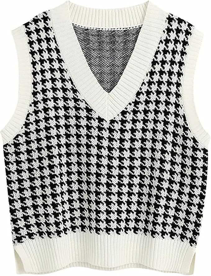 Oversized Women Houndstooth Pattern Knit Sweater Vest Sleeveless Loose V-Neck 90s Waistcoat Pullo... | Amazon (US)