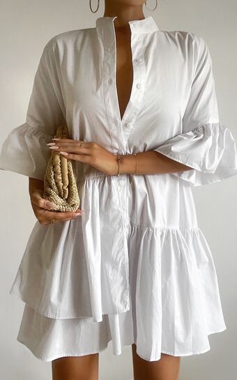 Elowen Mini Dress - Button Up Asymmetrical Tiered Smock Dress in White | Showpo (US, UK & Europe)