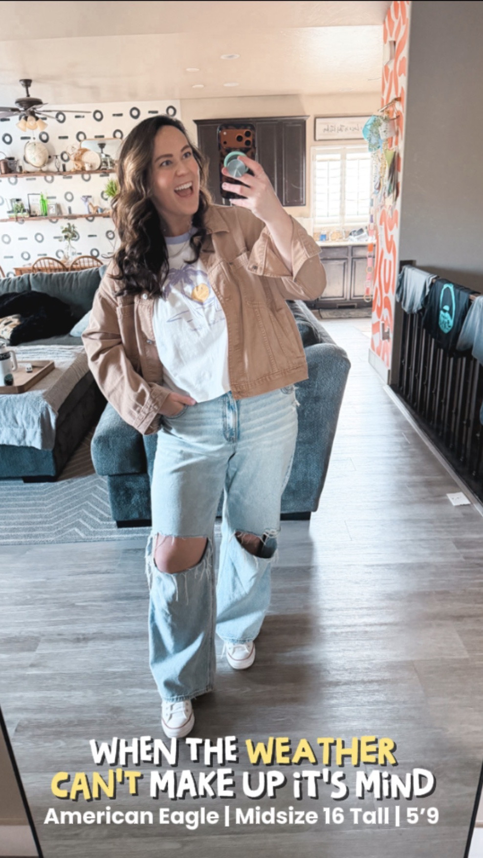 Hot N Cold by Katy Perry has been living in my head rent free because the weather genuinely cannot decide 😂

Bra 38DD 
Undies XXL
Jeans 16 tall
Shirt XL
Jacket Large

Size 14/16 | L/XL | 5’9

American Eagle wide leg jeans, ripped wide leg jeans midsize, midsize American Eagle outfit, tan jacket outfit, graphic tee outfit midsize, wide leg jeans 16 tall, casual spring outfit midsize, American Eagle midsize haul, ripped jeans midsize, transitional weather outfit

#LTKMidsize #LTKTall #LTKWorkwear