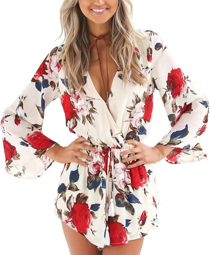 Relipop Women's Floral Print Long Sleeves Short Romper Playsuit Jumpsuit | Amazon (US)