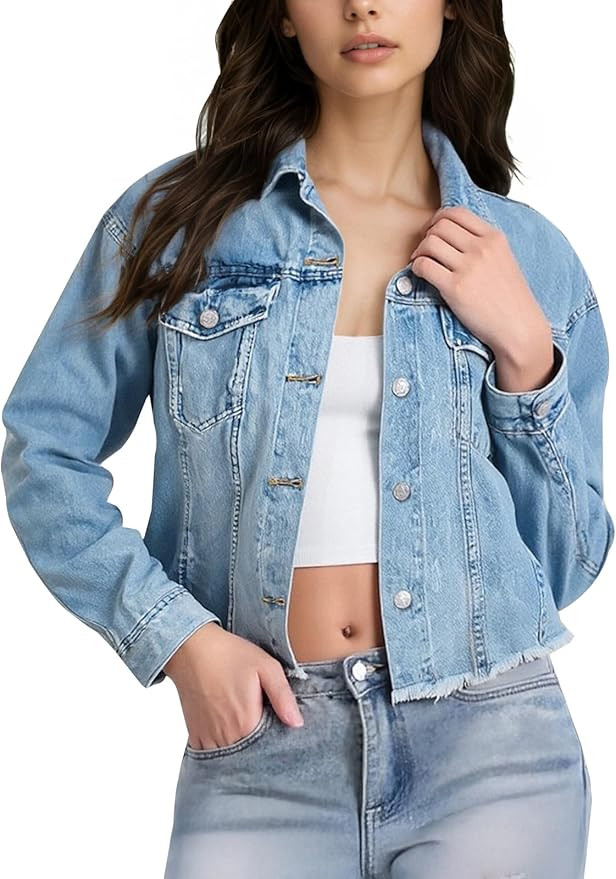 LBDLONGBIDA Women's Cropped Soft Denim Jacket Frayed Washed Jean Jacket with Button Up Design | Amazon (US)