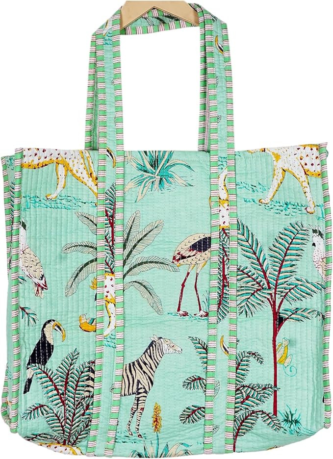 Quilted Cotton Hand printed Reversible Large multicolor cotton Tote Bag,Indian Handmade Block Pri... | Amazon (US)