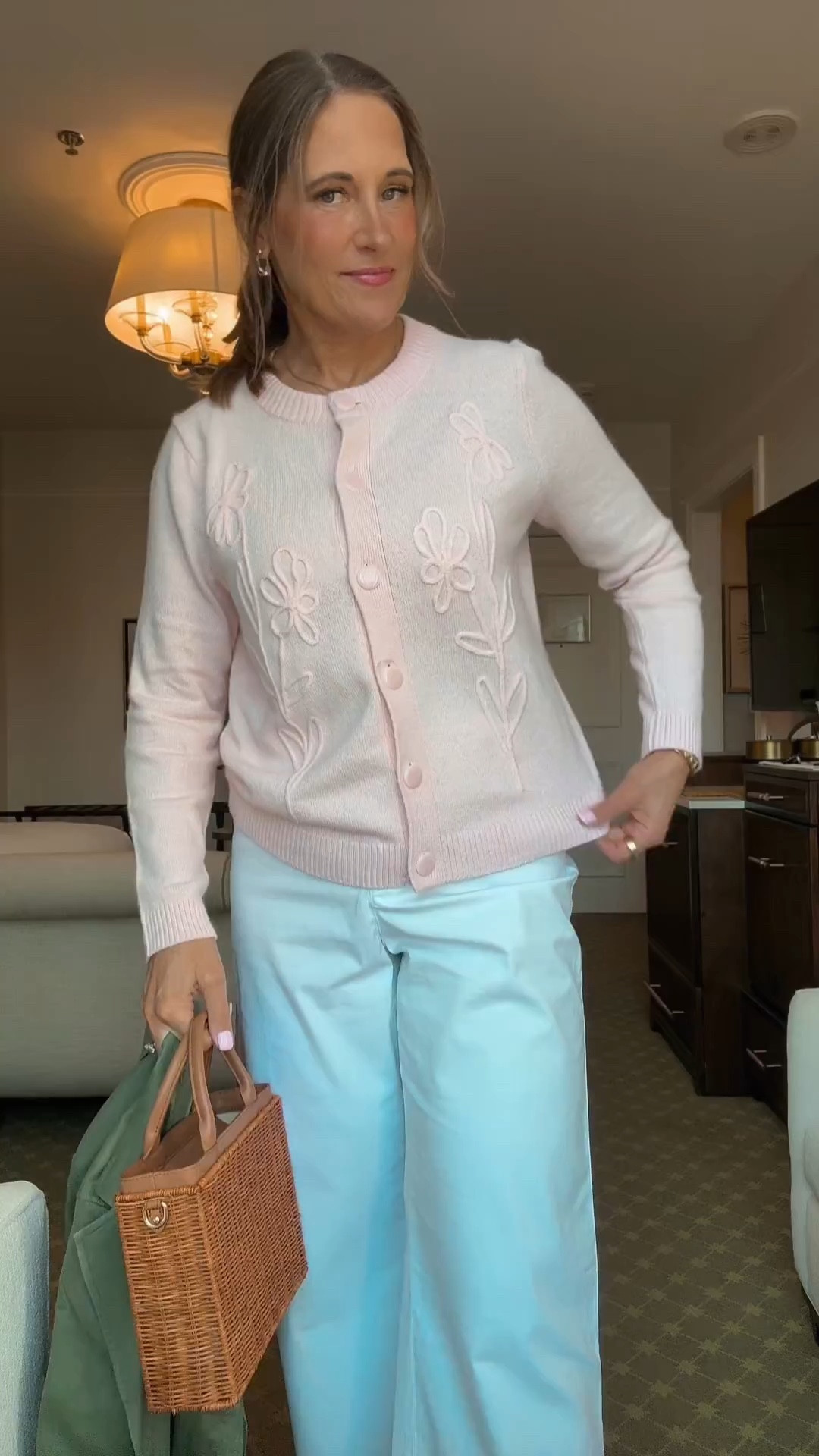 Gorgeous outfit styled by Tiffany with the prettiest pale pink and olive green combo. The pants are such a great fit and pull the whole look together. Wearing a medium sweater, size 10 pants, and a size 10 jacket—size up if between sizes.

#LTKMidsize #LTKOver40 #LTKSeasonal