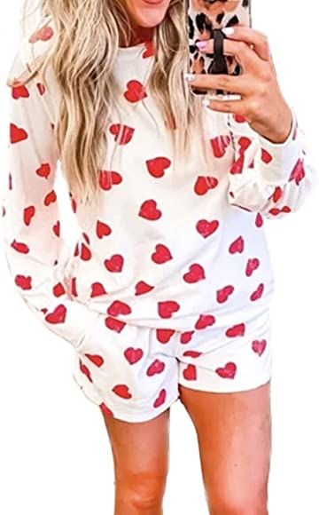 Womens Pajamas Set Heart Print Top with Sleep Shorts Suit 2 Piece Sleepwear Pj Sets Comfy Loungew... | Amazon (US)
