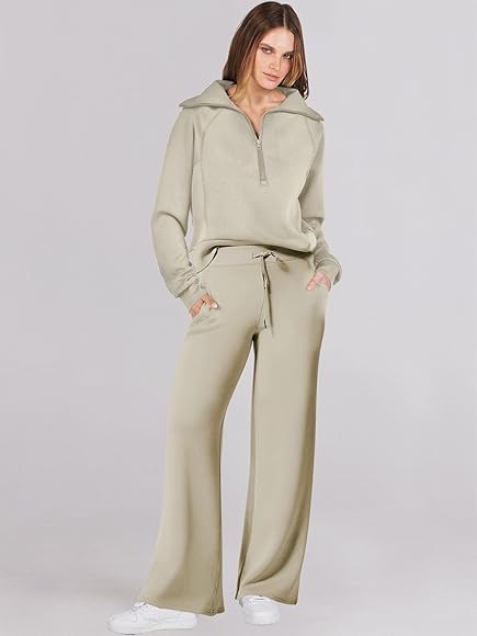 Caracilia Women Two Piece Outfits Sweatsuit Set Quarter Zip Oversized Sweatshirt Wide Leg Sweatpant Fall Lounge Set Tracksuit | Amazon (US)