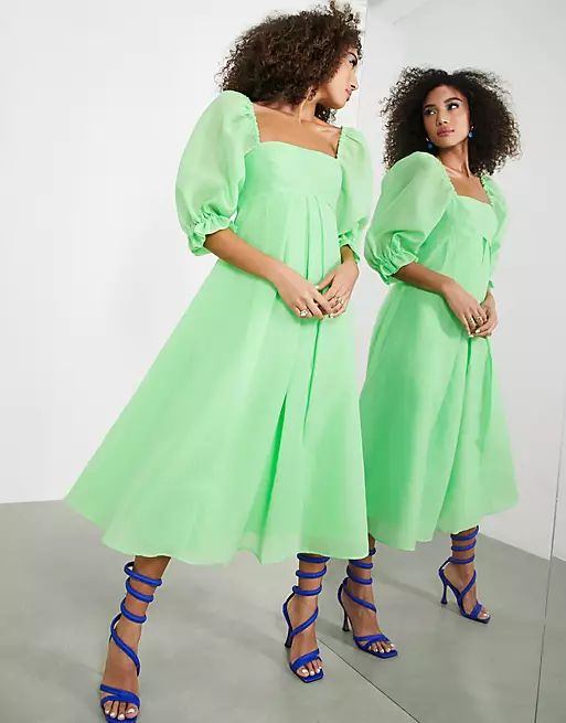 ASOS EDITION organza empire midi dress with full skirt in bright green | ASOS (Global)