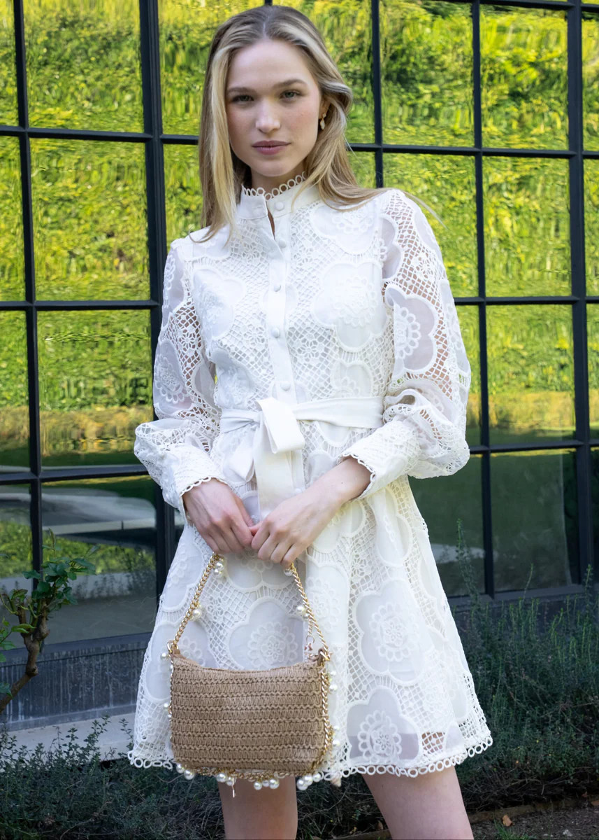 Anita Floral Lace Long Puff Sleeve Mock Neck Mini Dress - Cream | Benaar La