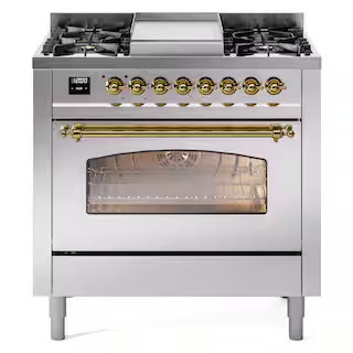 Nostalgie II 36 in. Dual Fuel Natural Gas Range with 6-Burners, Griddle, Brass Trim in Stainless ... | The Home Depot