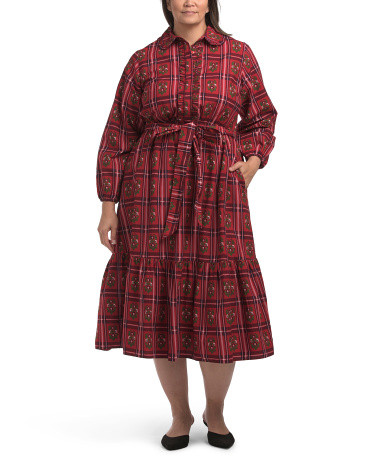 Plus Long Sleeve Plaid Floral Maxi Shirt Dress | TJ Maxx