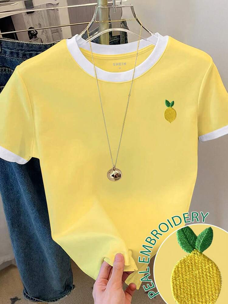 Women's Casual Lemon Embroidery Color Block Round Neck T-Shirt | SHEIN