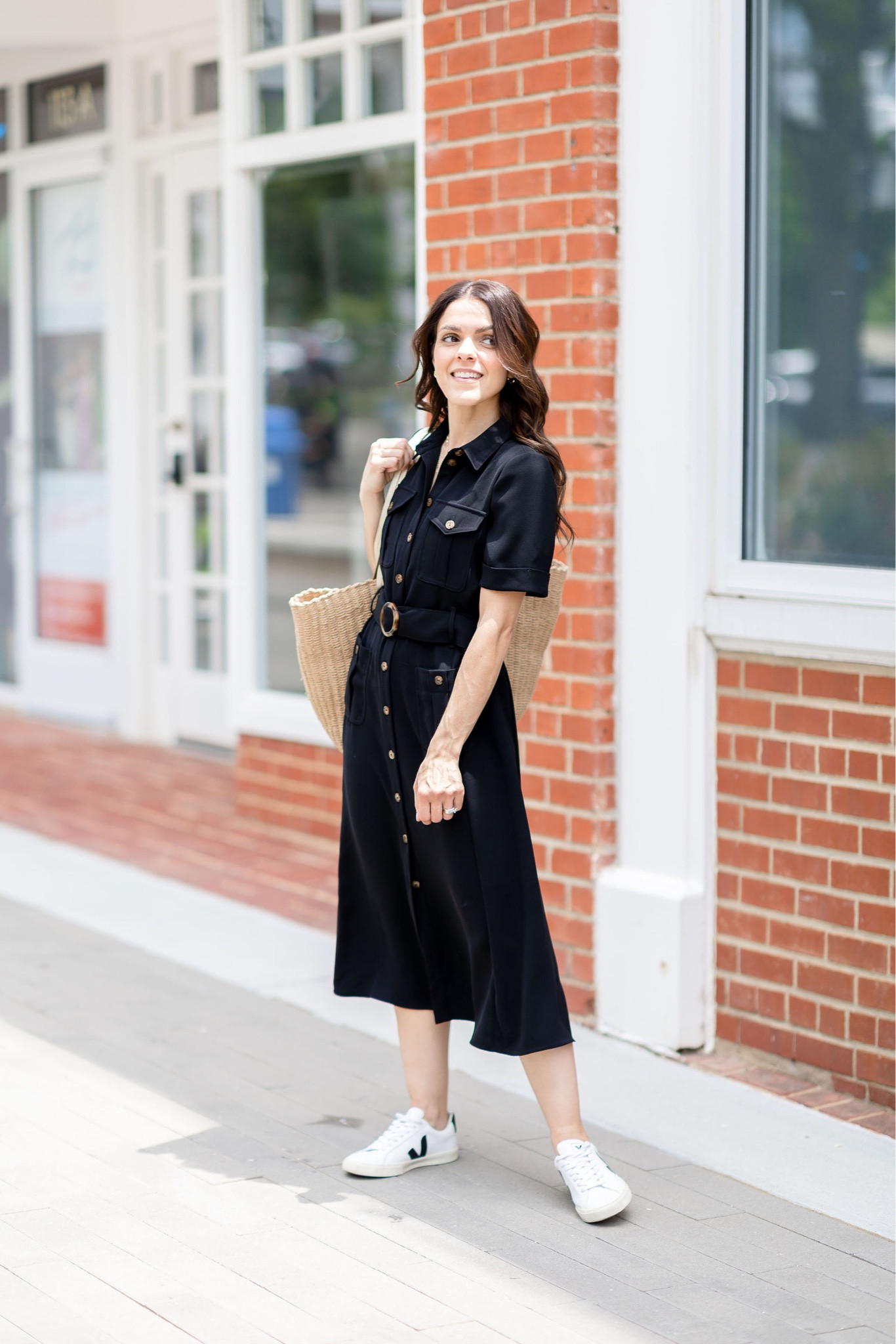 Early Summer outfit | black shirt dress, sneakers, straw tote, sunglasses 

#LTKstyletip #LTKFind