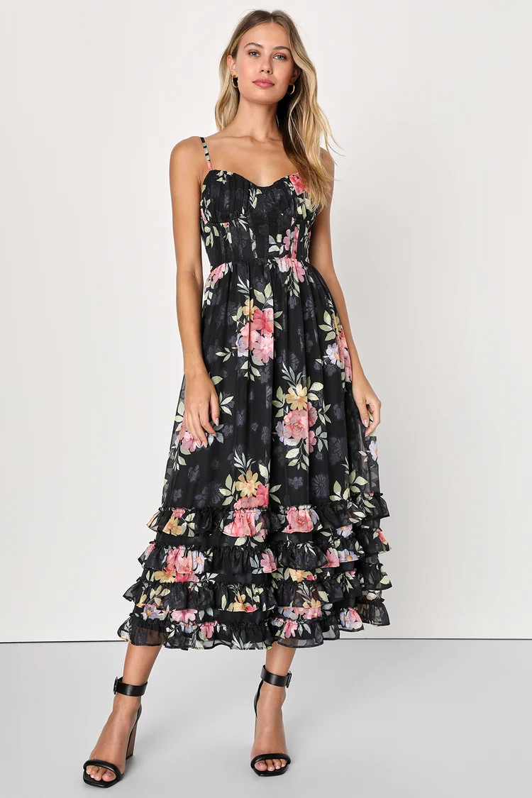 Elegant Radiance Black Floral Print Ruffled Bustier Midi Dress | Lulus