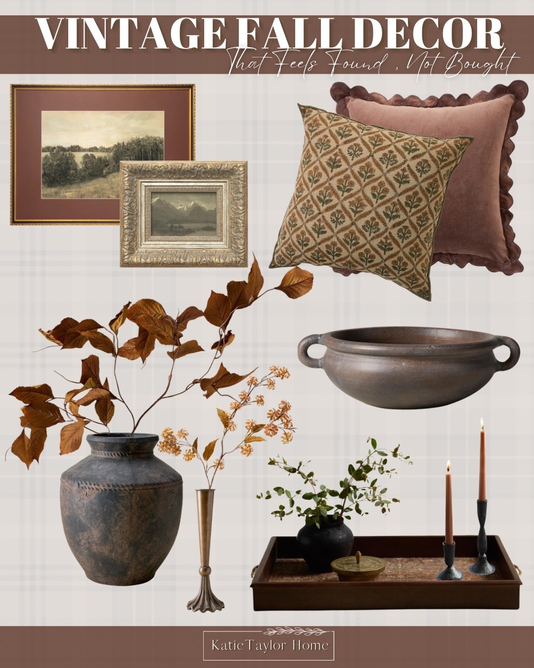 I think fall decorating gets a lot more interesting when the pieces you’re bringing in don’t actually have to be “fall decor.”

That was really the idea behind this guide. I pulled together pieces with the colors, textures and warmth of fall, but chose things that could easily stay in your home long after the season changes. 

A faded landscape, an aged vessel, warm wood, brass, block-print fabric and a few deeper earthy tones can shift a room toward fall without needing to completely redecorate it.

I also love how much character these pieces have. They’re new finds with the kind of variation, patina and detail that can make a room feel like it came together over time rather than all at once. Mixing the two different art styles and frames, pairing the floral pillow with that dusty rose velvet, and bringing in those darker vessels keeps everything from feeling too coordinated.

And then you really only need something as simple as a branch of changing leaves or a few rust-colored stems to make the whole combination feel appropriate for the season.

If you prefer vintage-inspired fall decor that feels subtle, layered and useful beyond October, I linked all of these finds below. I can already picture these pieces mixed into a mantel, console, coffee table or living room for fall.

#LTKSeasonal #LTKHome