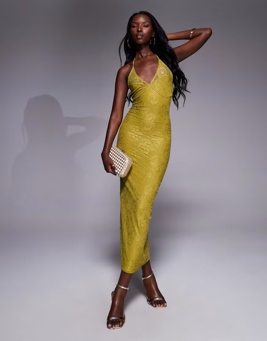 ASOS DESIGN lace halterneck maxi dress in chartreuse-Brown | ASOS (Global)