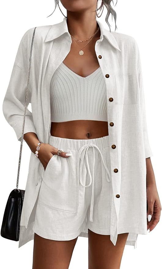 Beyove Women's Cotton Linen Set Casual Tracksuit Button Down 3/4 Sleeve Shirt Drawstring Shorts P... | Amazon (US)