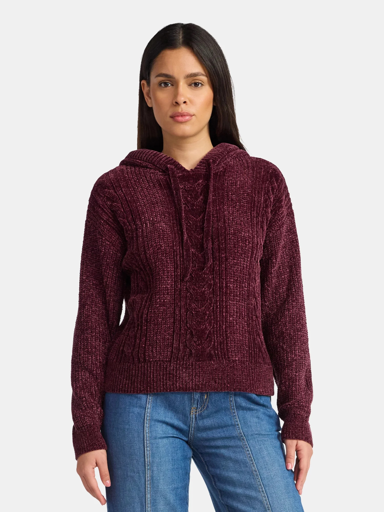 Time and Tru Women's Velveteen Hoodie Pullover Sweater with Long Sleeves, Sizes XS-XXXL | Walmart (US)
