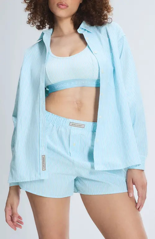 SAVAGE X FENTY Kickback Casuals Pajama Button-Up Shirt in Beachy Blue Line By Line at Nordstrom, Size Small | Nordstrom