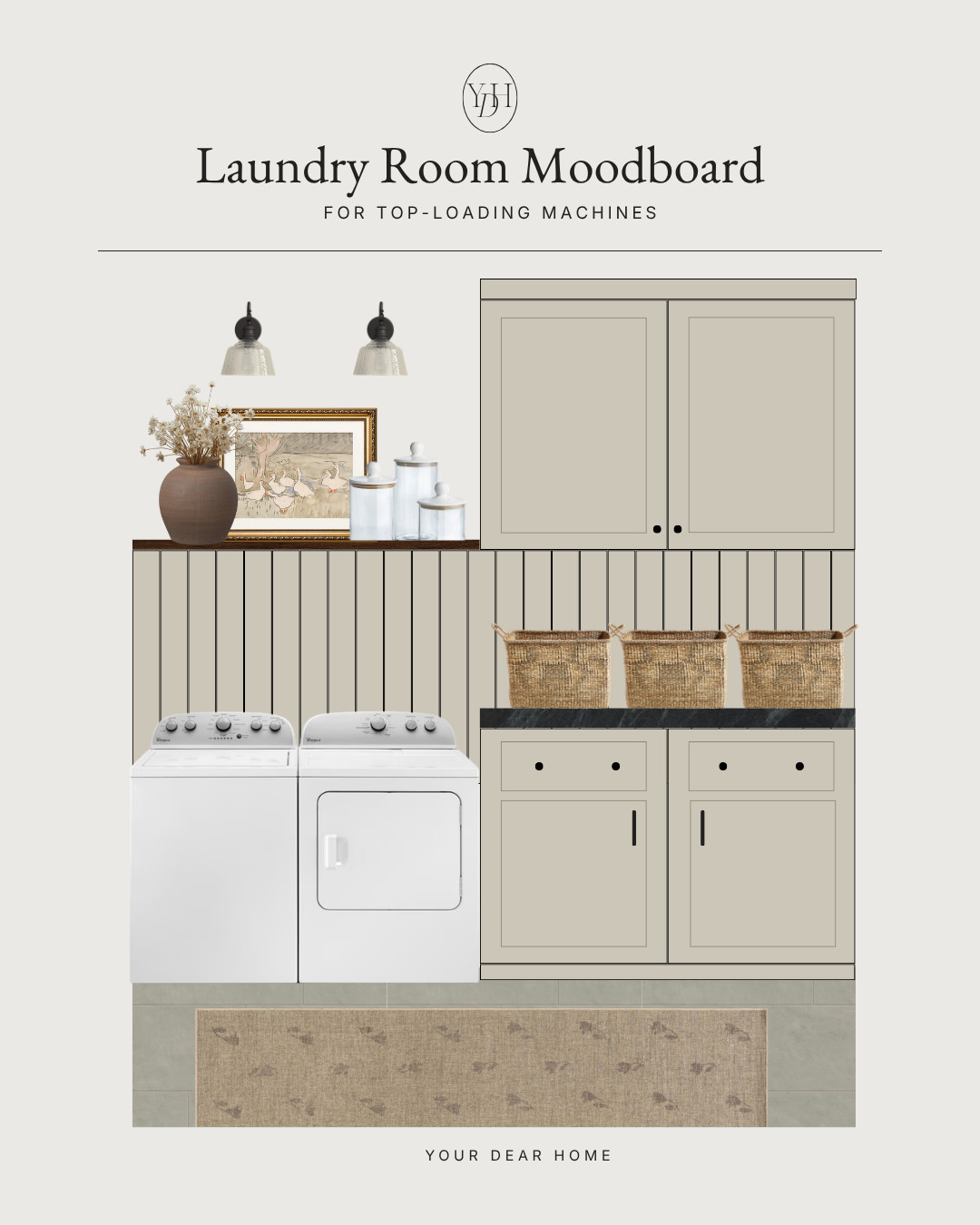 This laundry room proves functional spaces can still feel warm, elevated and beautifully styled. Loving the soft taupe cabinetry, woven textures and vintage inspired details layered throughout this space 🤎 

 #LTKHome
