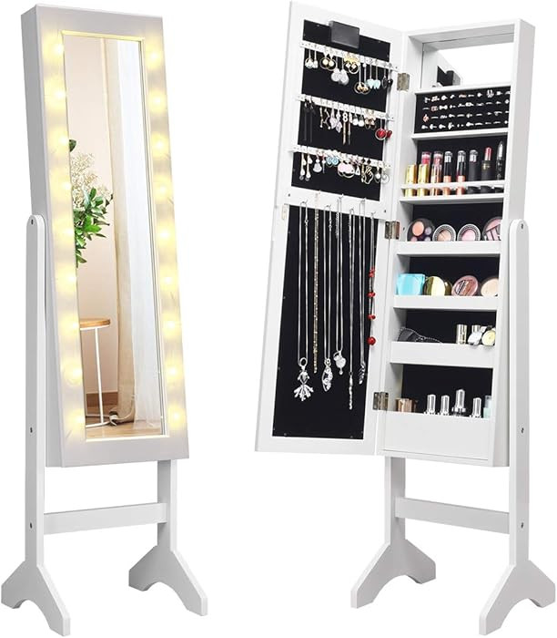 Giantex Standing Jewelry Armoire with 18 LED Lights Around the Door, Large Storage Mirrored Jewel... | Amazon (US)