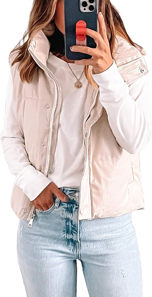UANEO Womens PU Leather Cropped Puffer Vest Winter Faux Leather Zip Up Sleeveless Jacket | Amazon (US)