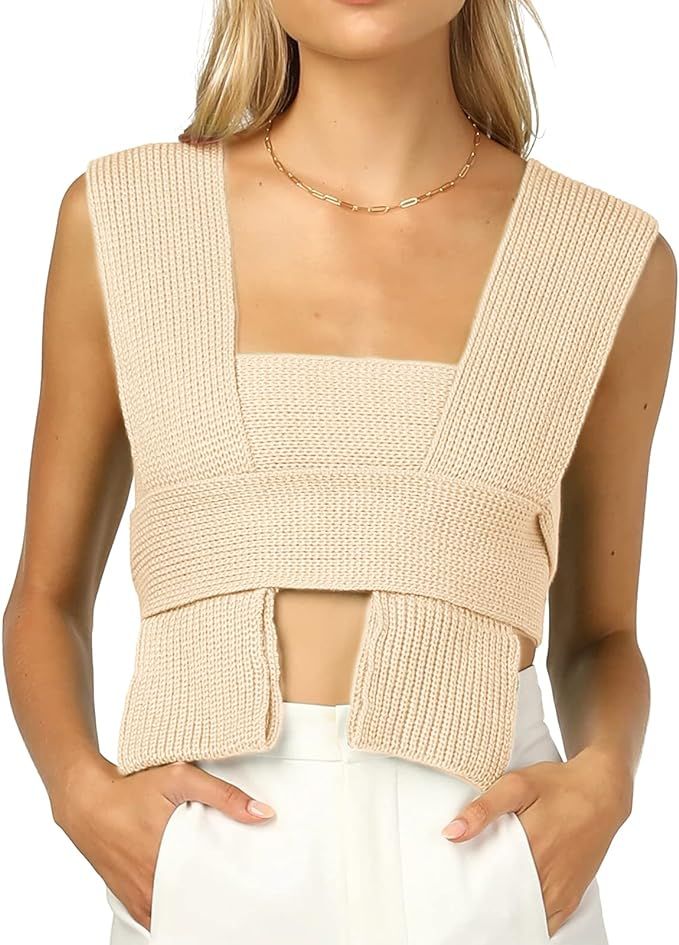 Women’s Crop Sweater Top Sleeveless Tie Strappy Backless Knitted V Neck Casual Jumper Crop Tank... | Amazon (US)